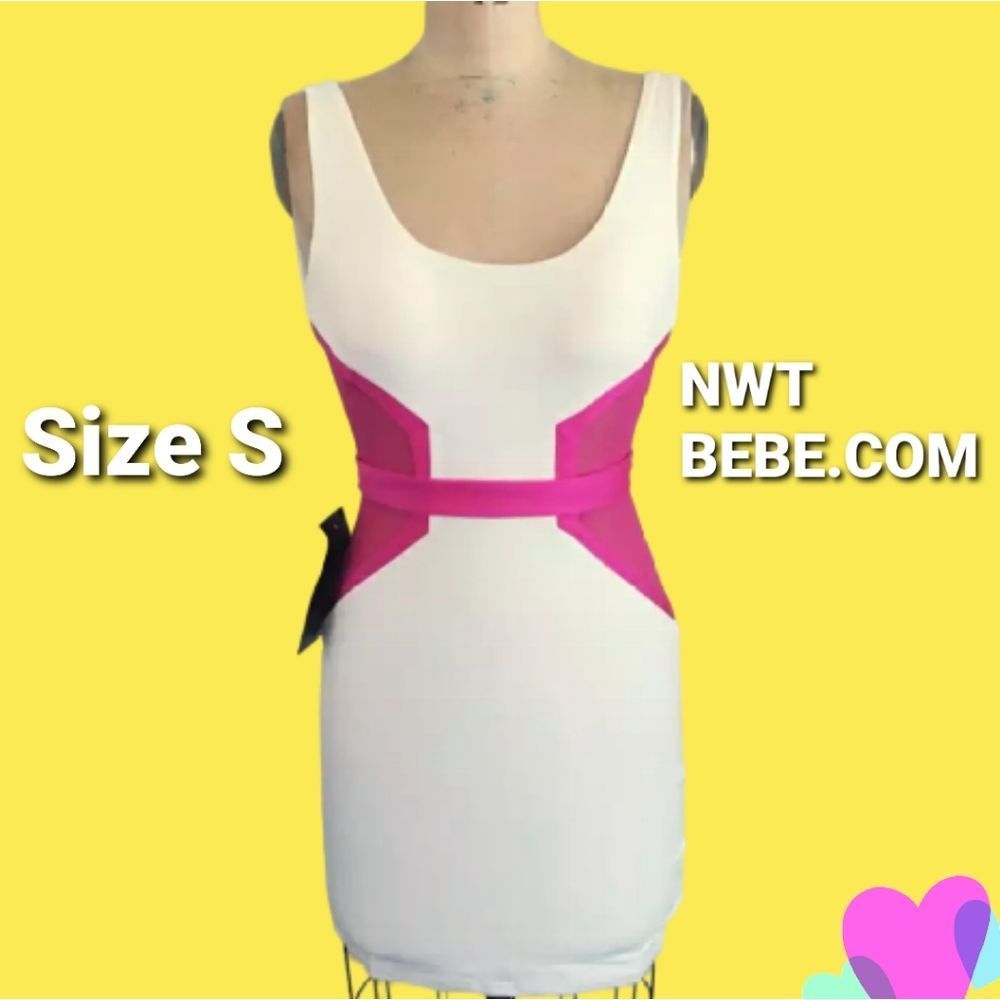 NWT 💖💖💕Bebe Neon Spandex Panel White Slim Dress Size S